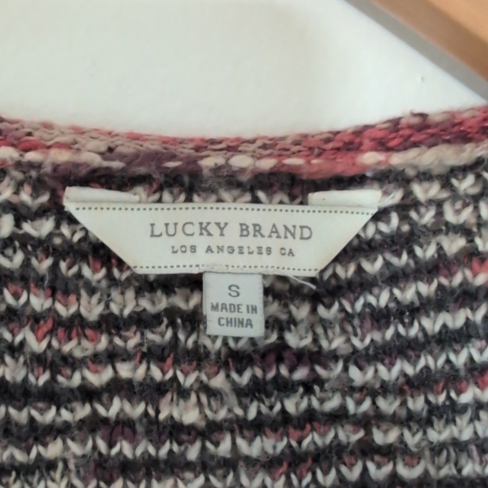 Lucky Brand Women's Open Front Boho Cotton Cardigan Fringe Pink Cream Black Sz S - Picture 2 of 10